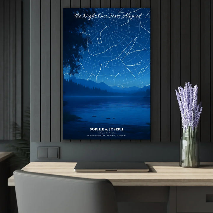 Personalized star map wall art with customizable background, title, names, date, location, and coordinates - 24x36 acrylic print french with cleat context-ARTFULANE