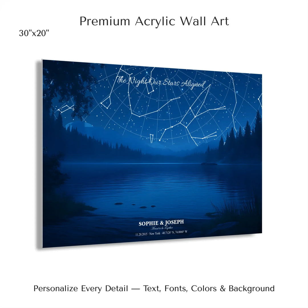 Personalized star map wall art with customizable background, title, names, date, location, and coordinates - 30x20 acrylic print with french cleat-ARTFULANE