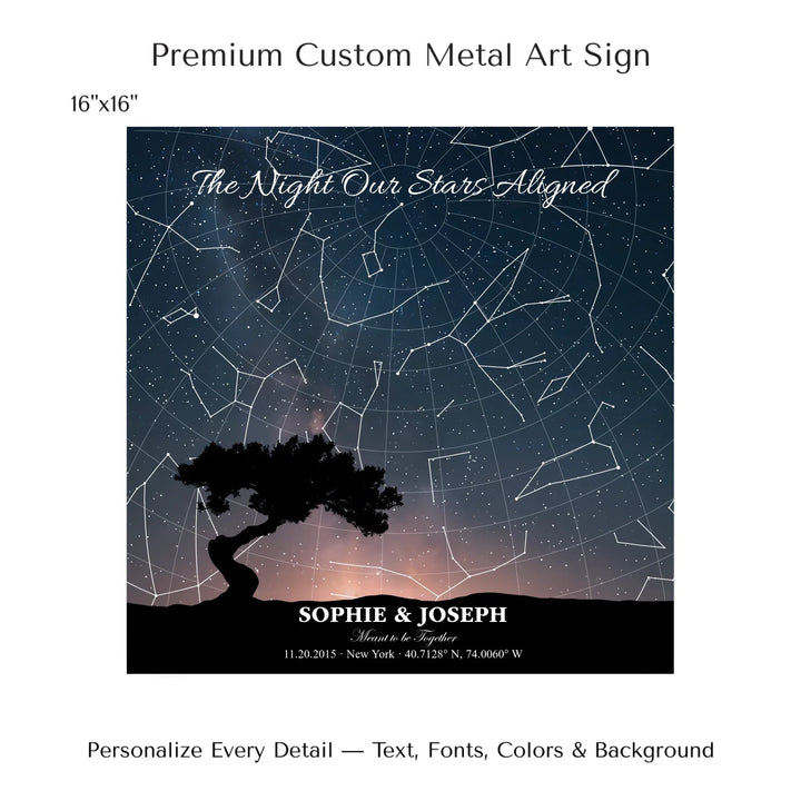 Personalized star map wall art with customizable background, title, names, date, location, and coordinates - 16x16 metal art sign-ARTFULANE