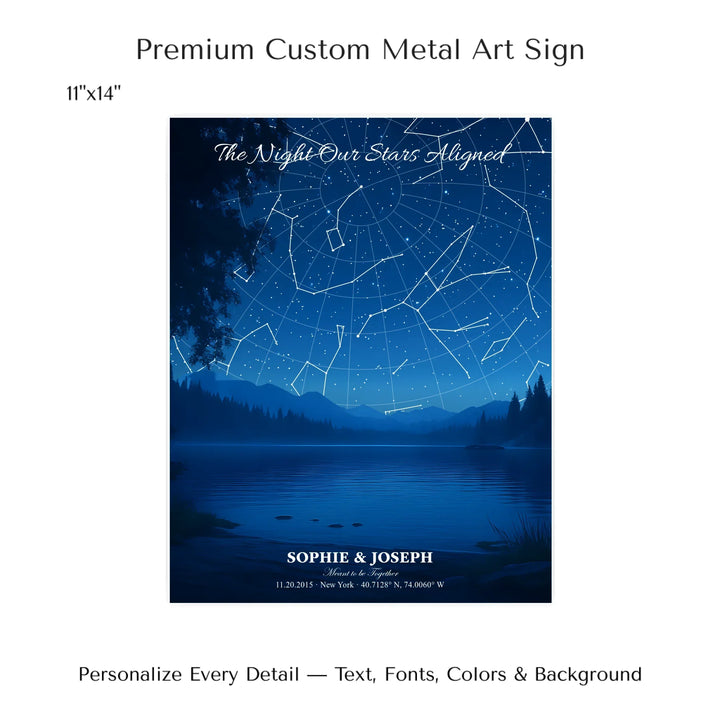 Personalized star map wall art with customizable background, title, names, date, location, and coordinates - 11x14 metal art sign-ARTFULANE