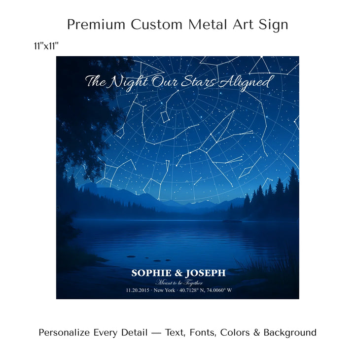 Personalized star map wall art with customizable background, title, names, date, location, and coordinates - 11x11 metal art sign-ARTFULANE