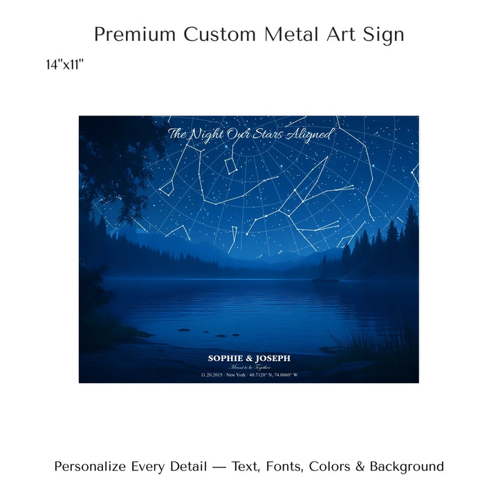 Personalized star map wall art with customizable background, title, names, date, location, and coordinates - 14x11 metal art sign-ARTFULANE