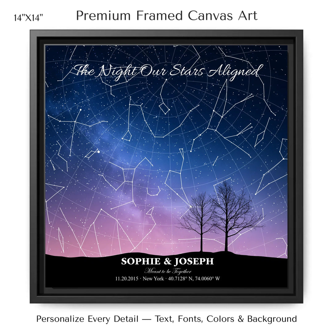 Personalized star map wall art with customizable background, title, names, date, location, and coordinates - 14x14 framed canvas-ARTFULANE