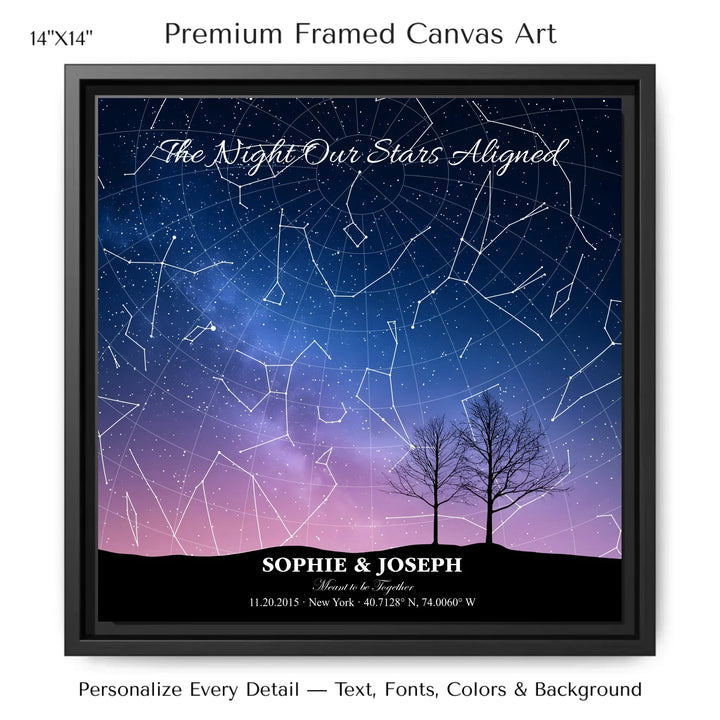 Personalized star map wall art with customizable background, title, names, date, location, and coordinates - 14x14 framed canvas-ARTFULANE