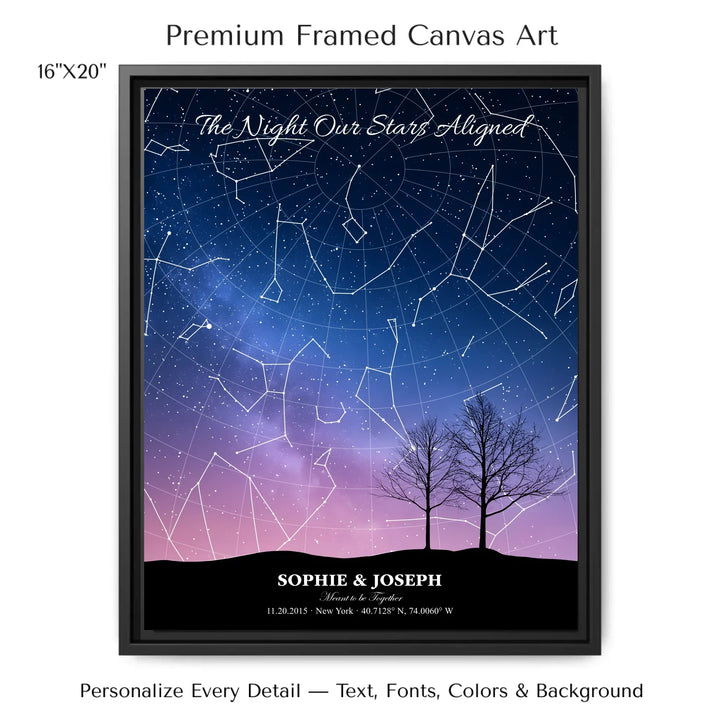 Personalized star map wall art with customizable background, title, names, date, location, and coordinates - 16x20 framed canvas-ARTFULANE