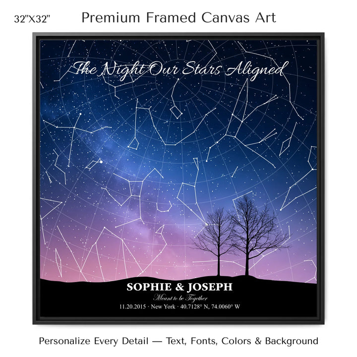 Personalized star map wall art with customizable background, title, names, date, location, and coordinates - 32x32 framed canvas-ARTFULANE