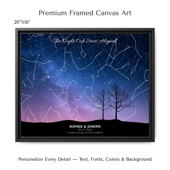 Personalized star map wall art with customizable background, title, names, date, location, and coordinates - 20x16 framed canvas-ARTFULANE