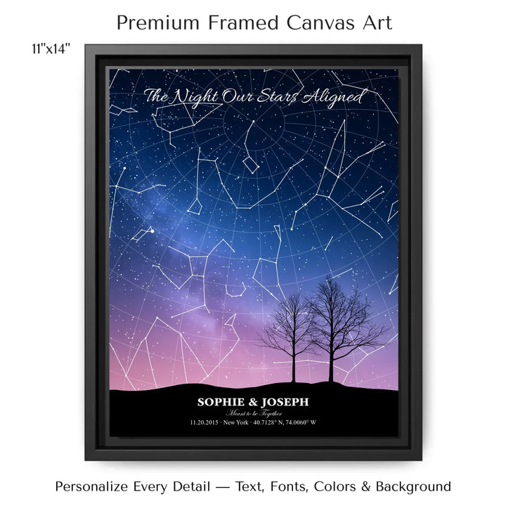 Personalized star map wall art with customizable background, title, names, date, location, and coordinates - 11x14 framed canvas-ARTFULANE