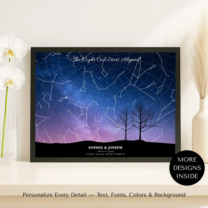 Personalized star map wall art with two trees landscape, custom night sky, constellation lines, and editable names, date, and coordinates -framed canvas on shelf-ARTFULANE