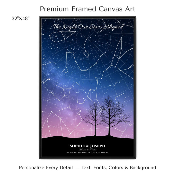 Personalized star map wall art with customizable background, title, names, date, location, and coordinates - 32x48 framed canvas-ARTFULANE