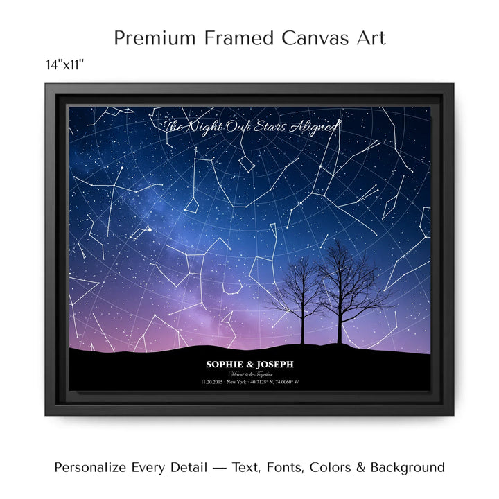Personalized star map wall art with customizable background, title, names, date, location, and coordinates - 14x11 framed canvas-ARTFULANE