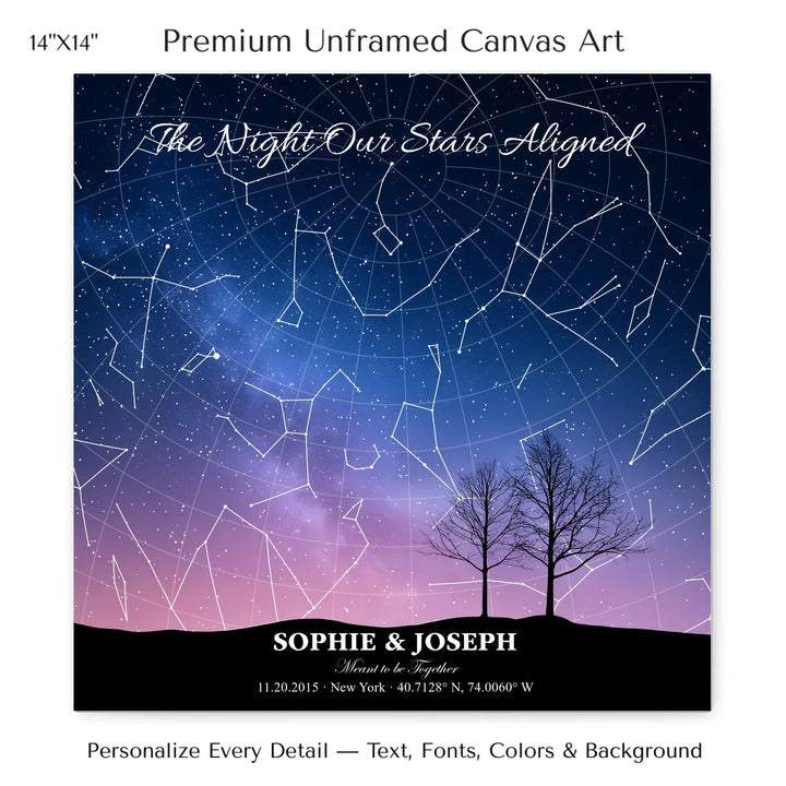 Personalized star map wall art with customizable background, title, names, date, location, and coordinates - 14x14 stretched canvas-ARTFULANE