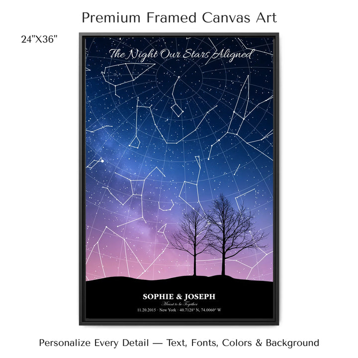 Personalized star map wall art with customizable background, title, names, date, location, and coordinates - 24x36 framed canvas-ARTFULANE