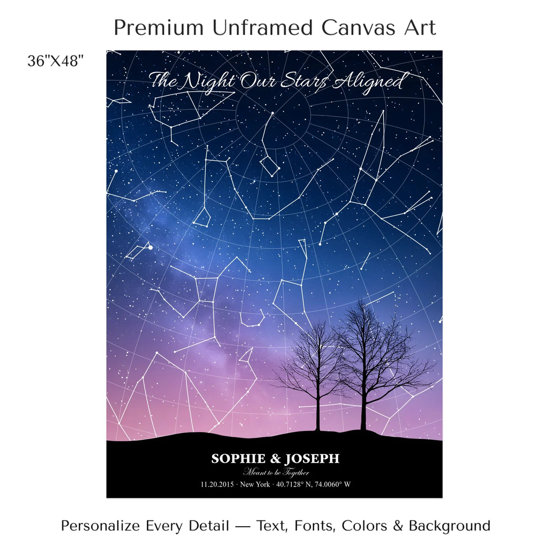 Personalized star map wall art with customizable background, title, names, date, location, and coordinates - 36x48 stretched canvas-ARTFULANE