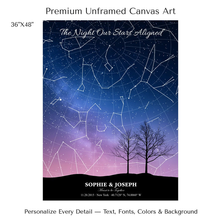 Personalized star map wall art with customizable background, title, names, date, location, and coordinates - 36x48 stretched canvas-ARTFULANE