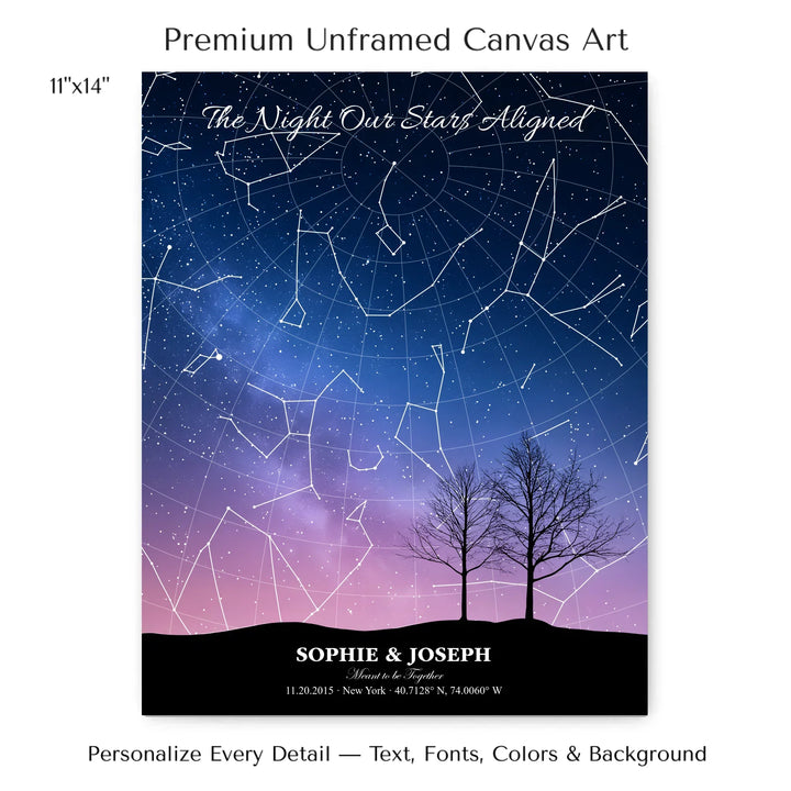 Personalized star map wall art with customizable background, title, names, date, location, and coordinates - 11x14 stretched canvas-ARTFULANE