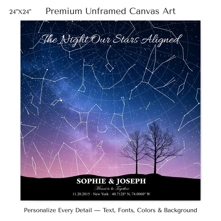 Personalized star map wall art with customizable background, title, names, date, location, and coordinates - 24x24 stretched canvas-ARTFULANE
