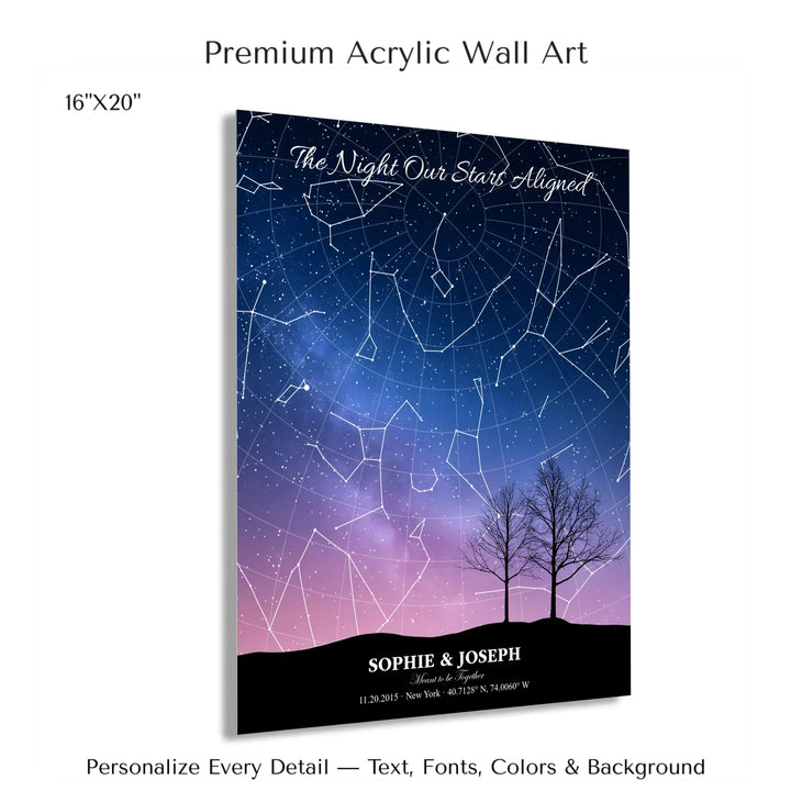 Personalized star map wall art with customizable background, title, names, date, location, and coordinates - 16x20 acrylic print with french cleat-ARTFULANE