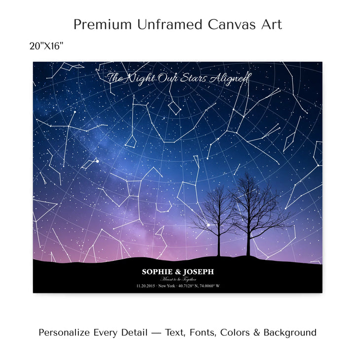 Personalized star map wall art with customizable background, title, names, date, location, and coordinates - 20x16 stretched canvas-ARTFULANE