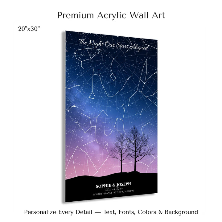 Personalized star map wall art with customizable background, title, names, date, location, and coordinates - 20x30 acrylic print with french cleat-ARTFULANE
