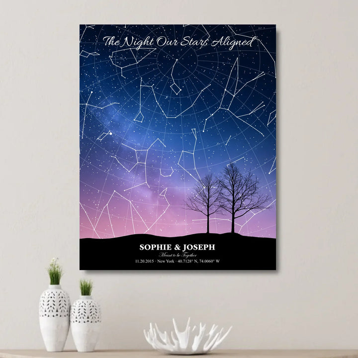 Personalized star map wall art with customizable background, title, names, date, location, and coordinates - unframed canvas on wall-ARTFULANE
