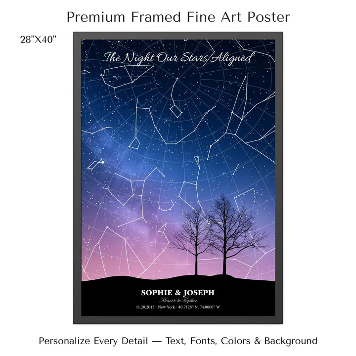 Personalized star map wall art with customizable background, title, names, date, location, and coordinates - 28x40 framed poster-ARTFULANE