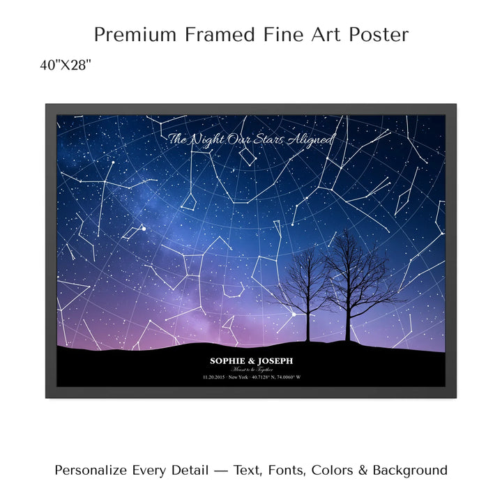 Personalized star map wall art with customizable background, title, names, date, location, and coordinates - 40x28 framed poster-ARTFULANE