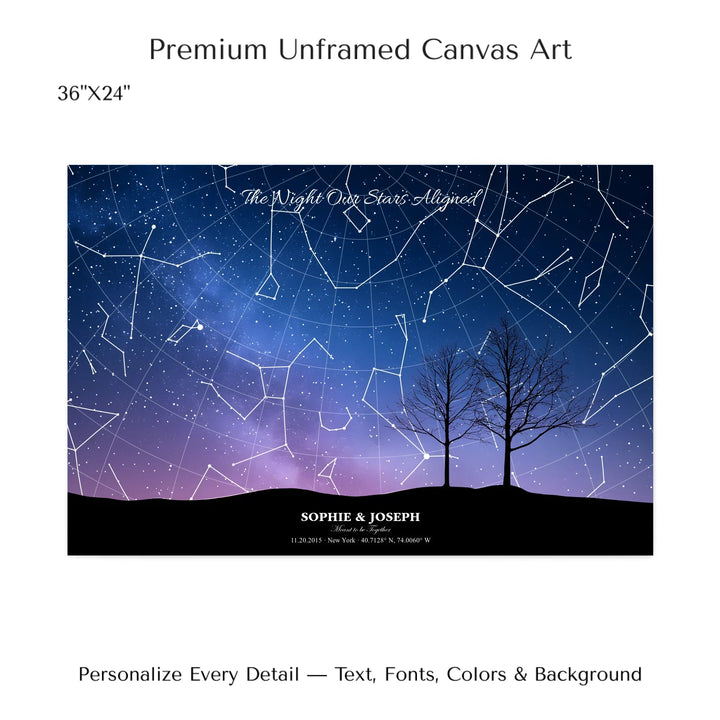 Personalized star map wall art with customizable background, title, names, date, location, and coordinates - 36x24 stretched canvas-ARTFULANE