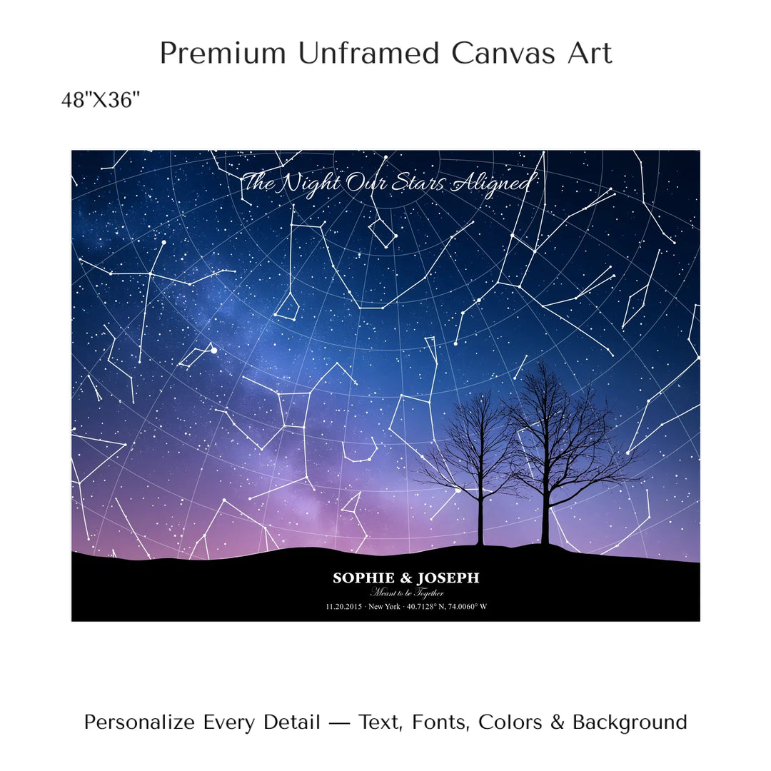 Personalized star map wall art with customizable background, title, names, date, location, and coordinates - 48x36 stretched canvas-ARTFULANE