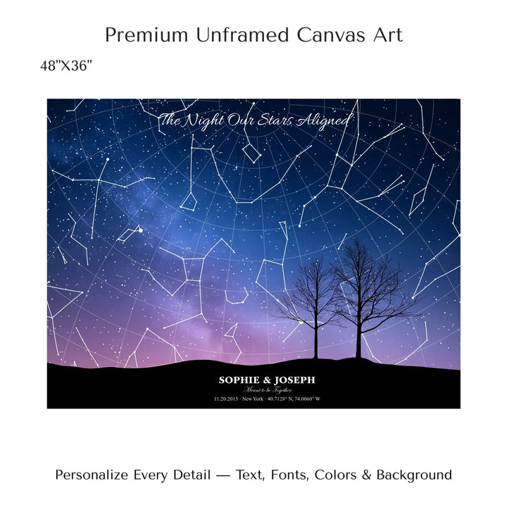 Personalized star map wall art with customizable background, title, names, date, location, and coordinates - 48x36 stretched canvas-ARTFULANE