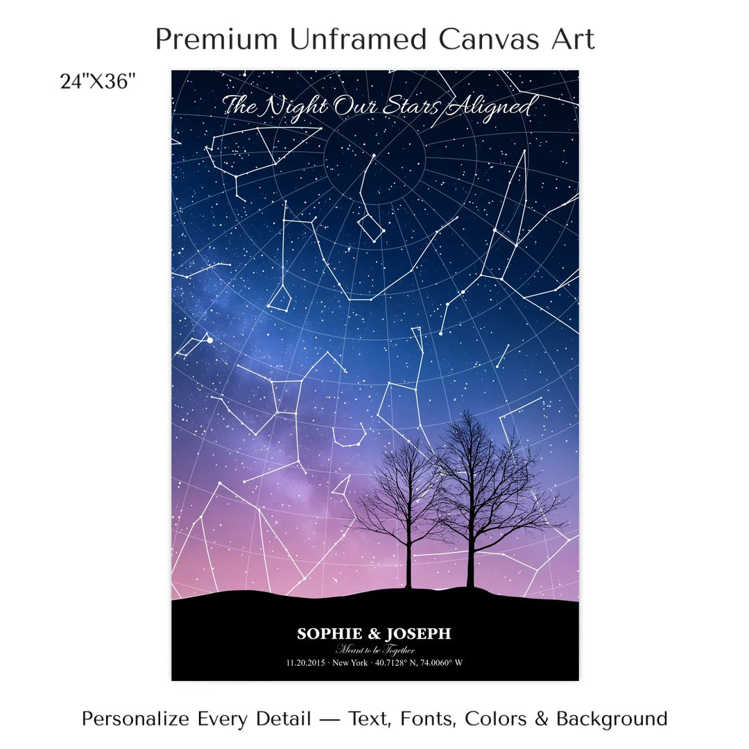 Personalized star map wall art with customizable background, title, names, date, location, and coordinates - 24x36 stretched canvas-ARTFULANE