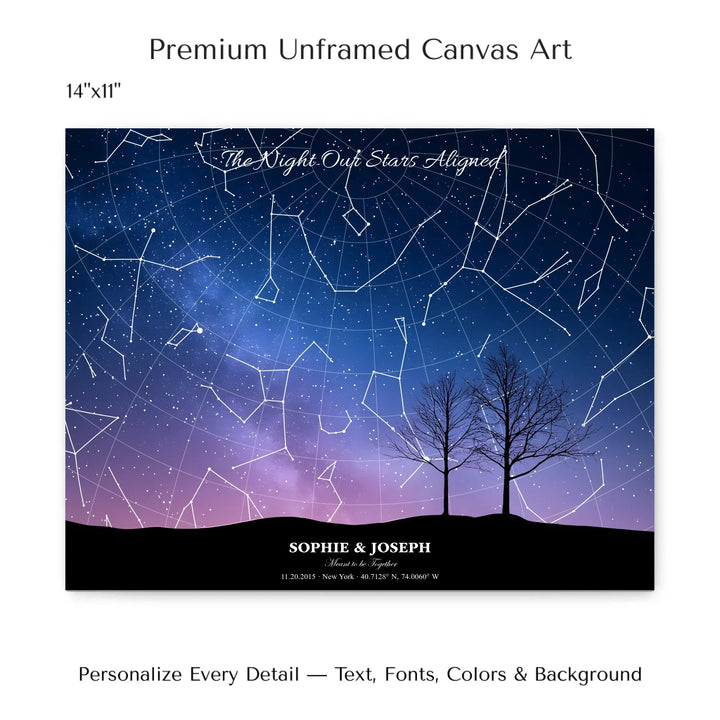 Personalized star map wall art with customizable background, title, names, date, location, and coordinates - 14x11 stretched canvas-ARTFULANE