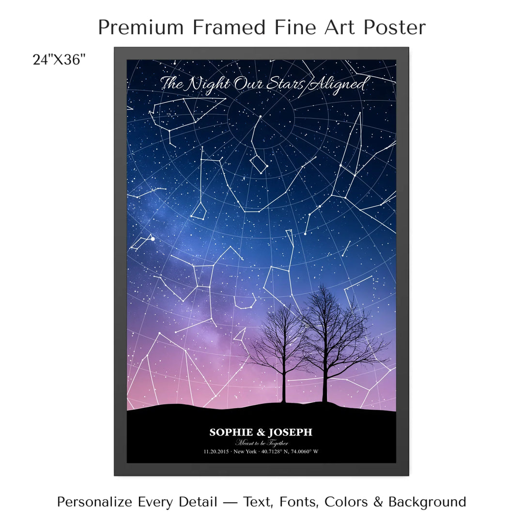 Personalized star map wall art with customizable background, title, names, date, location, and coordinates - 24x36 framed poster-ARTFULANE