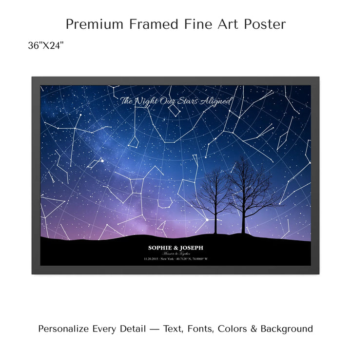 Personalized star map wall art with customizable background, title, names, date, location, and coordinates - 36x24 framed poster-ARTFULANE