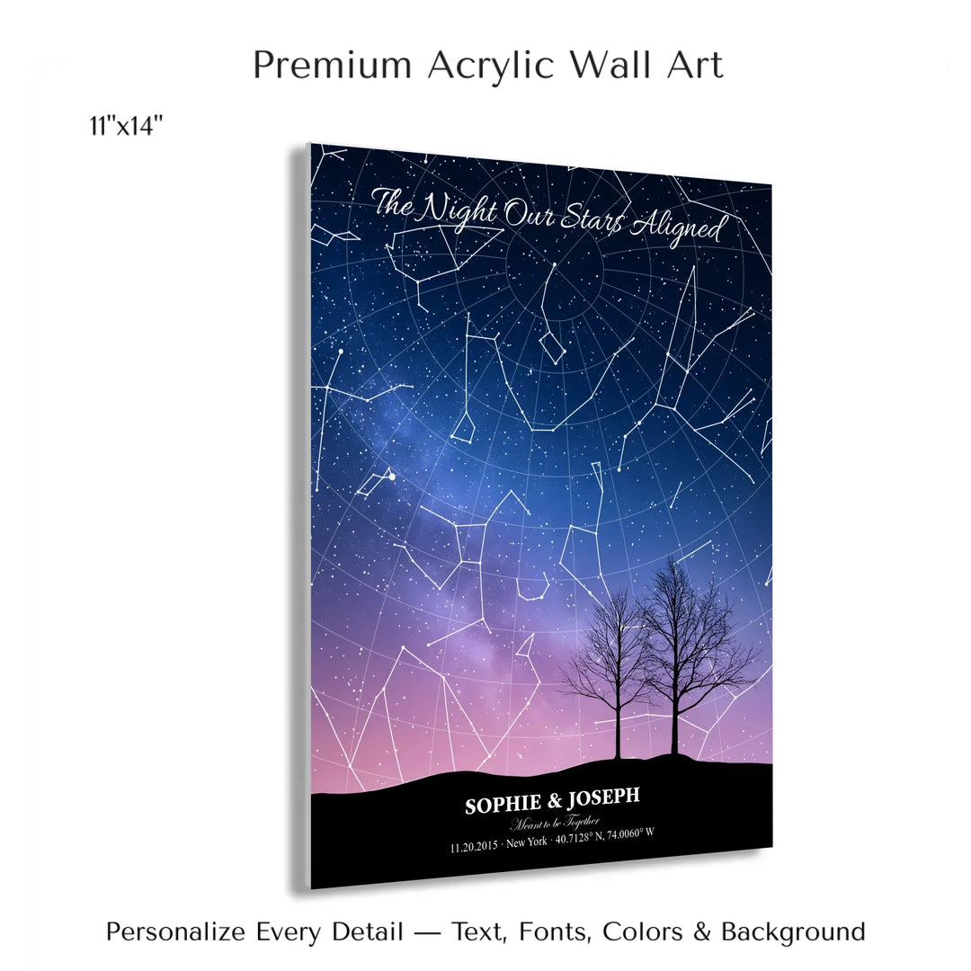 Personalized star map wall art with customizable background, title, names, date, location, and coordinates - 11x14 acrylic print with french cleat-ARTFULANE