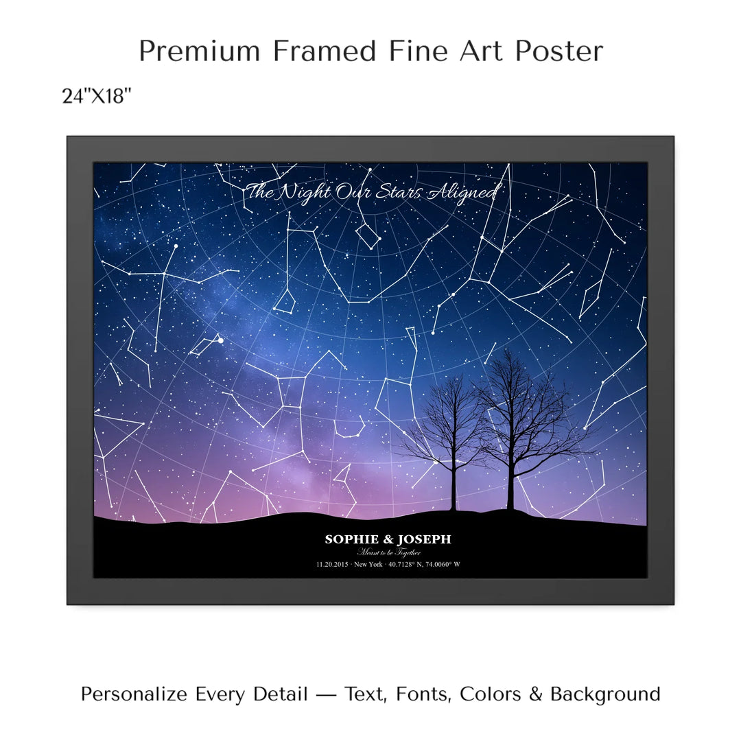 Personalized star map wall art with customizable background, title, names, date, location, and coordinates - 24x18 framed poster-ARTFULANE