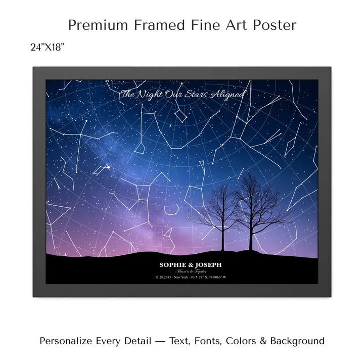 Personalized star map wall art with customizable background, title, names, date, location, and coordinates - 24x18 framed poster-ARTFULANE