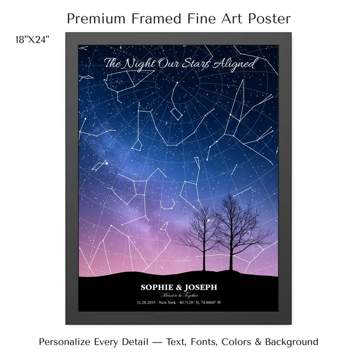 Personalized star map wall art with customizable background, title, names, date, location, and coordinates - 18x24 framed poster-ARTFULANE