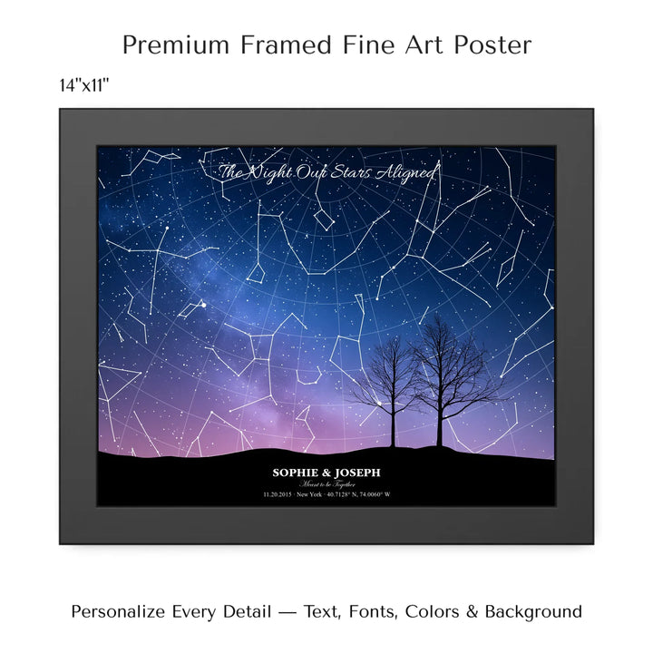 Personalized star map wall art with customizable background, title, names, date, location, and coordinates - 14x11 framed poster-ARTFULANE