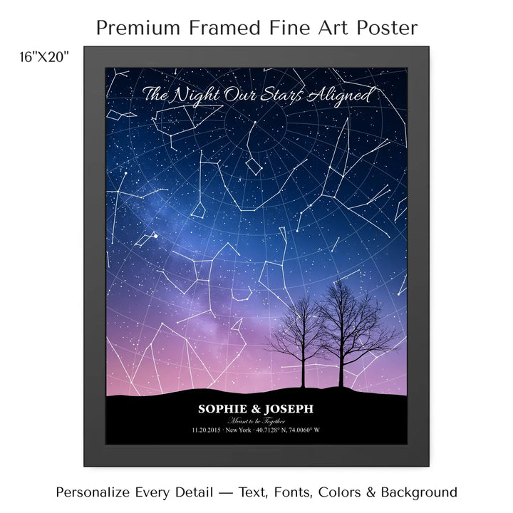 Personalized star map wall art with customizable background, title, names, date, location, and coordinates - 16x20 framed poster-ARTFULANE