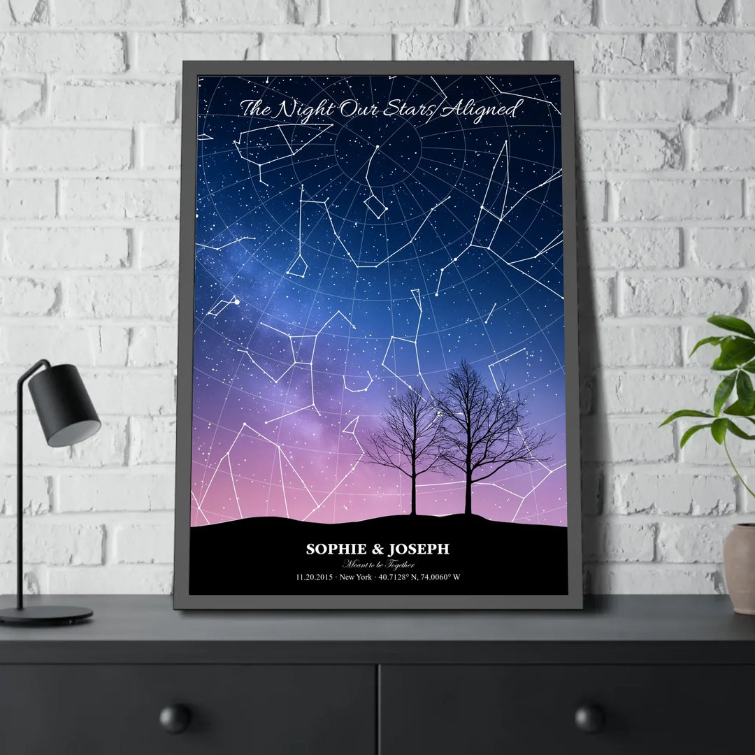 Personalized star map wall art with customizable background, title, names, date, location, and coordinates - 28x40 framed poster on table-ARTFULANE