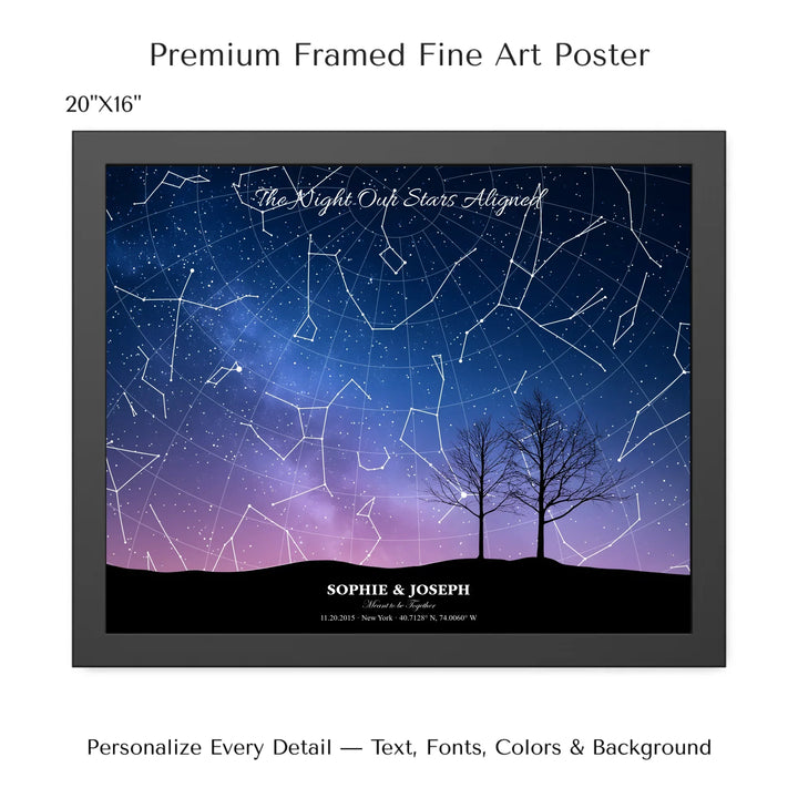 Personalized star map wall art with customizable background, title, names, date, location, and coordinates - 20x16 framed poster-ARTFULANE