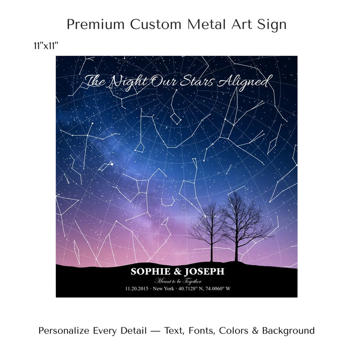 Personalized star map wall art with customizable background, title, names, date, location, and coordinates - 11x11 metal art sign-ARTFULANE