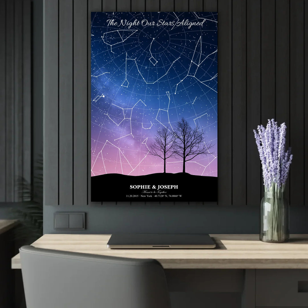 Personalized star map wall art with customizable background, title, names, date, location, and coordinates - 24x36 acrylic print french with cleat context-ARTFULANE