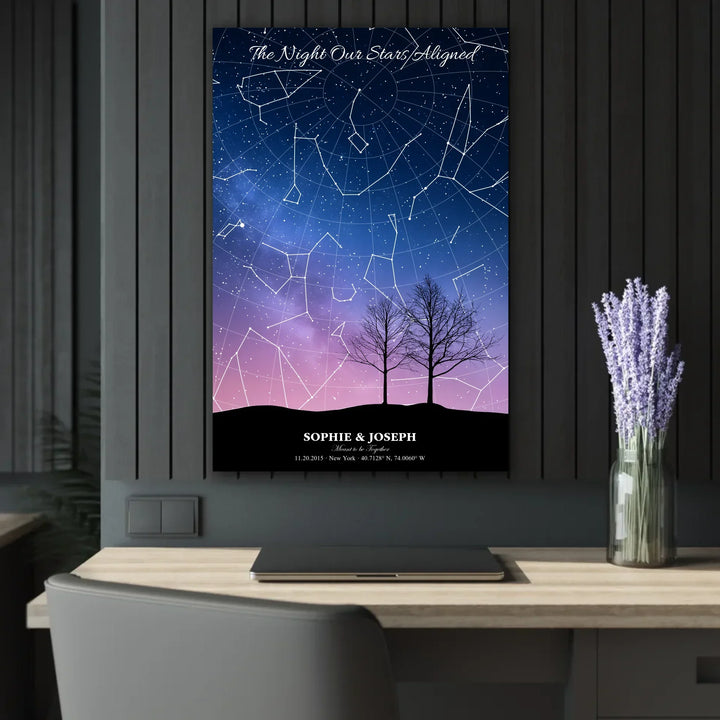 Personalized star map wall art with customizable background, title, names, date, location, and coordinates - 24x36 acrylic print french with cleat context-ARTFULANE