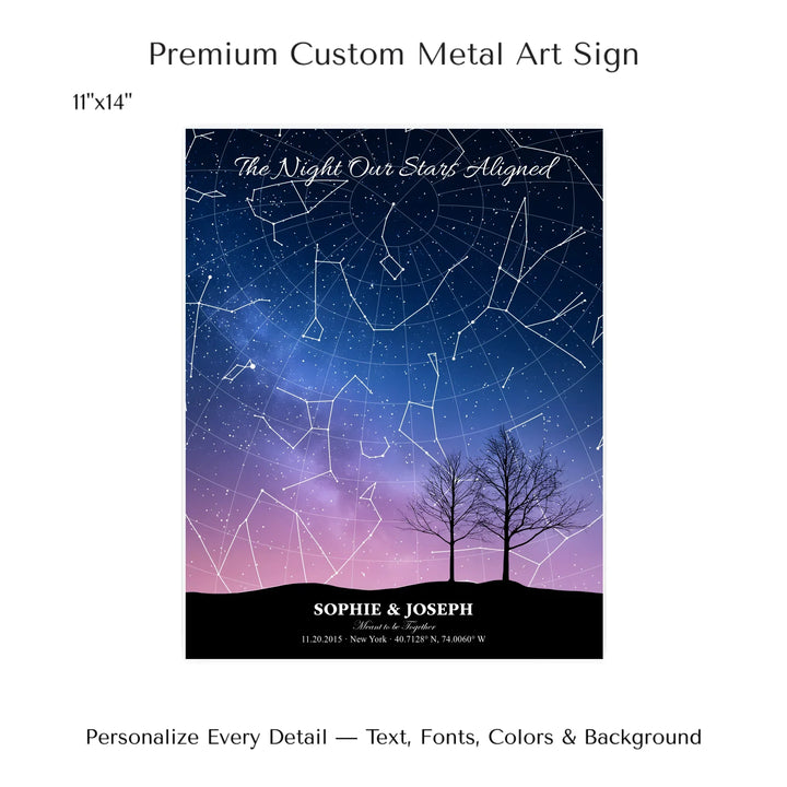 Personalized star map wall art with customizable background, title, names, date, location, and coordinates - 11x14 metal art sign-ARTFULANE