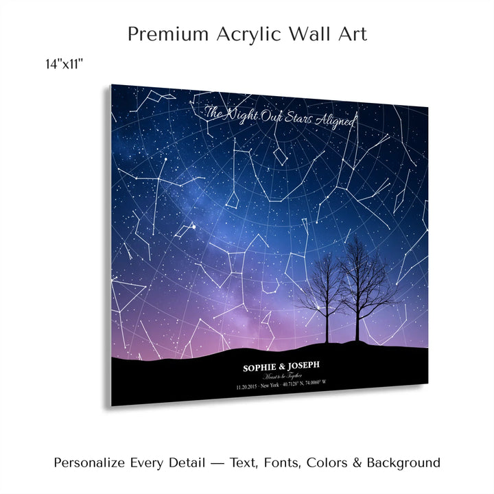 Personalized star map wall art with customizable background, title, names, date, location, and coordinates - 14x11 acrylic print with french cleat-ARTFULANE