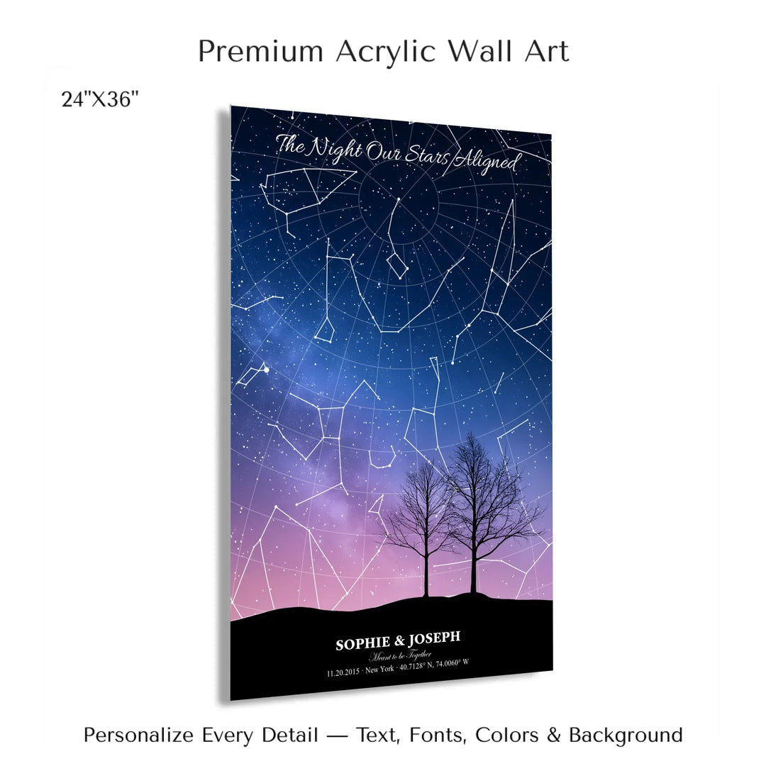 Personalized star map wall art with customizable background, title, names, date, location, and coordinates - 24x36 acrylic print with french cleat-ARTFULANE