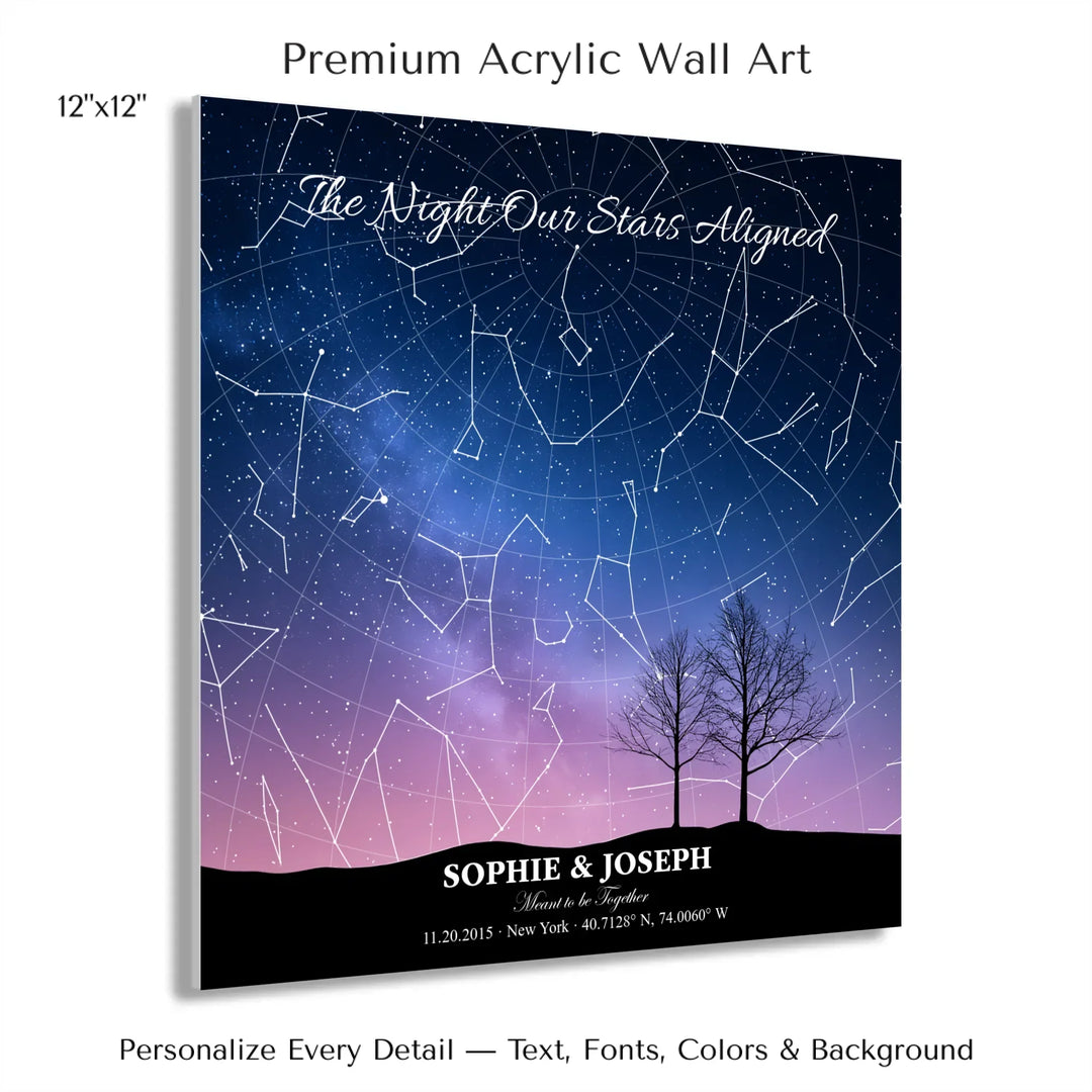 Personalized star map wall art with customizable background, title, names, date, location, and coordinates - 12x12 acrylic print with french cleat-ARTFULANE