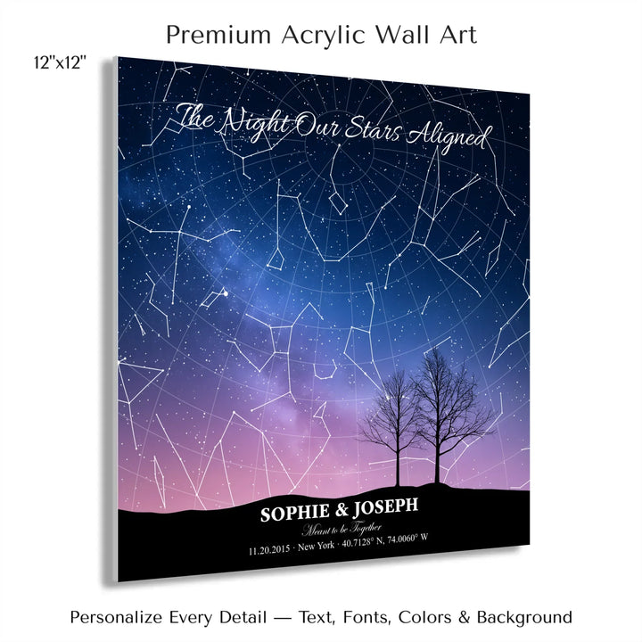 Personalized star map wall art with customizable background, title, names, date, location, and coordinates - 12x12 acrylic print with french cleat-ARTFULANE